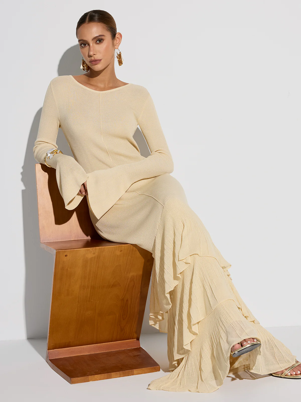 Layered Ruffled Hem Knit Maxi Dress - Wholesalesil