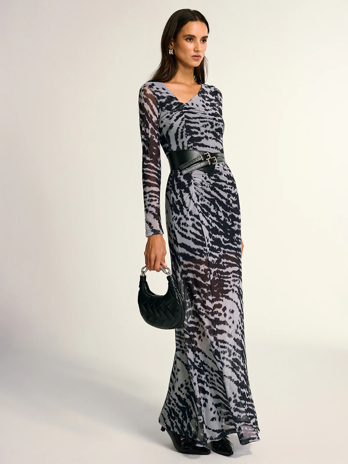 Long Sleeve Ruched Abstract Print Dress - Wholesalesil