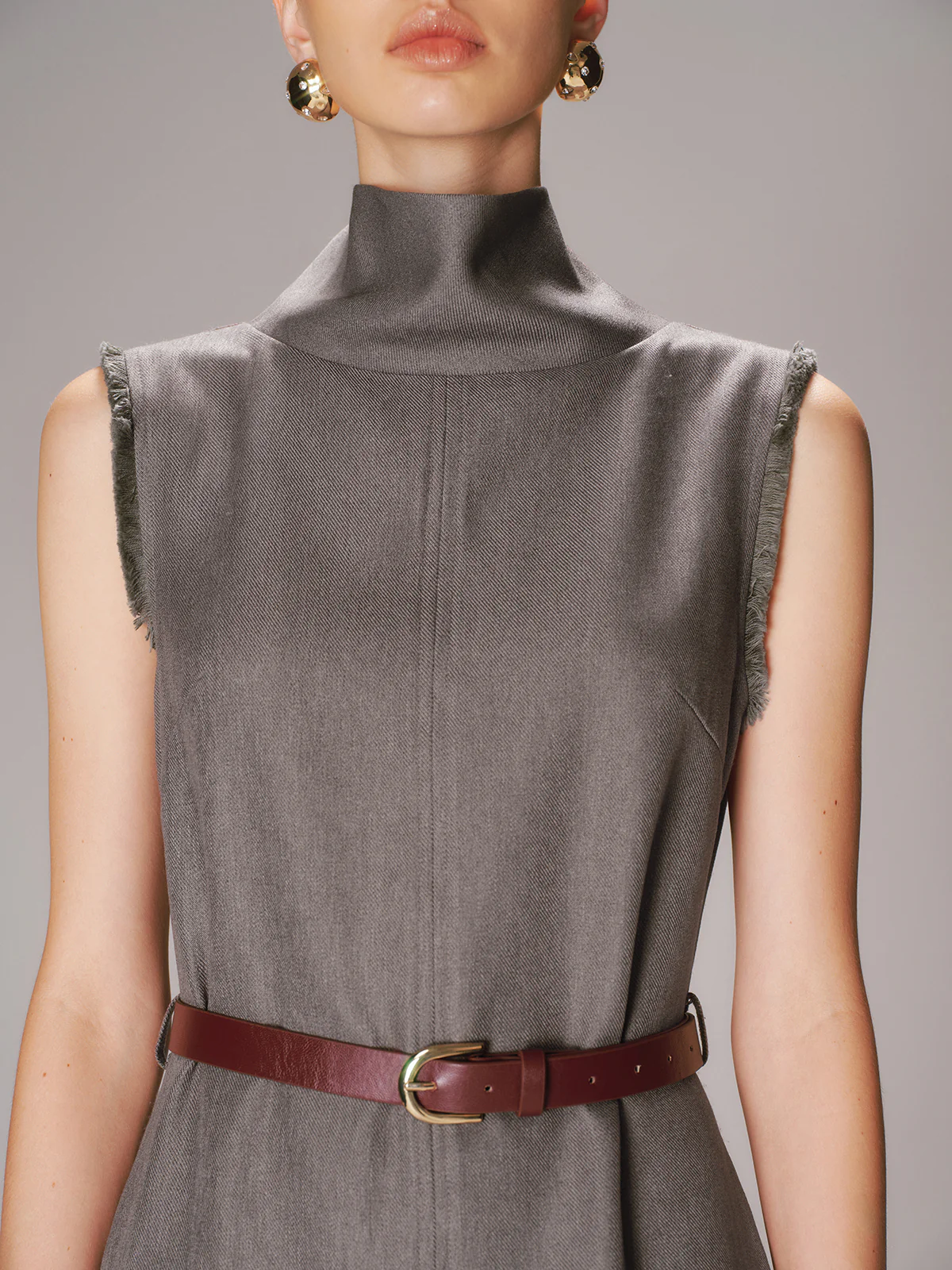 Belted Turtleneck Sleeveless Maxi Dress - Wholesalesil