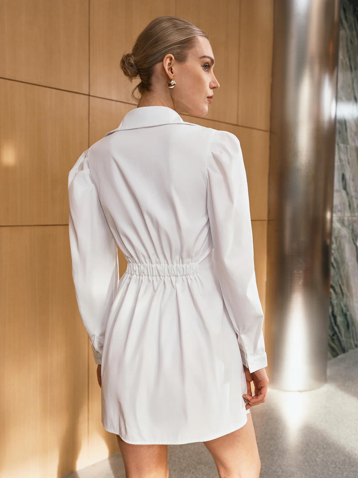 Puffed Sleeve Shirt Mini Dress without Belt - Wholesalesil