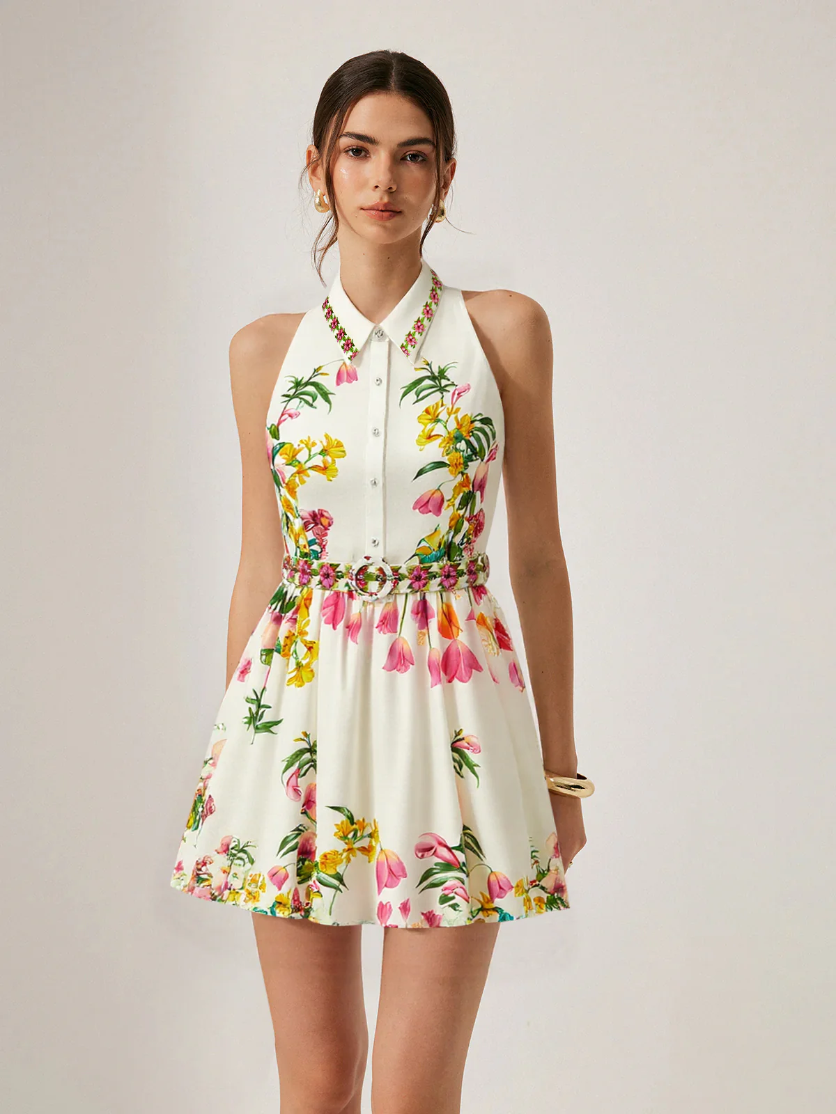 Floral Print Belted Mini Dress - Wholesalesil