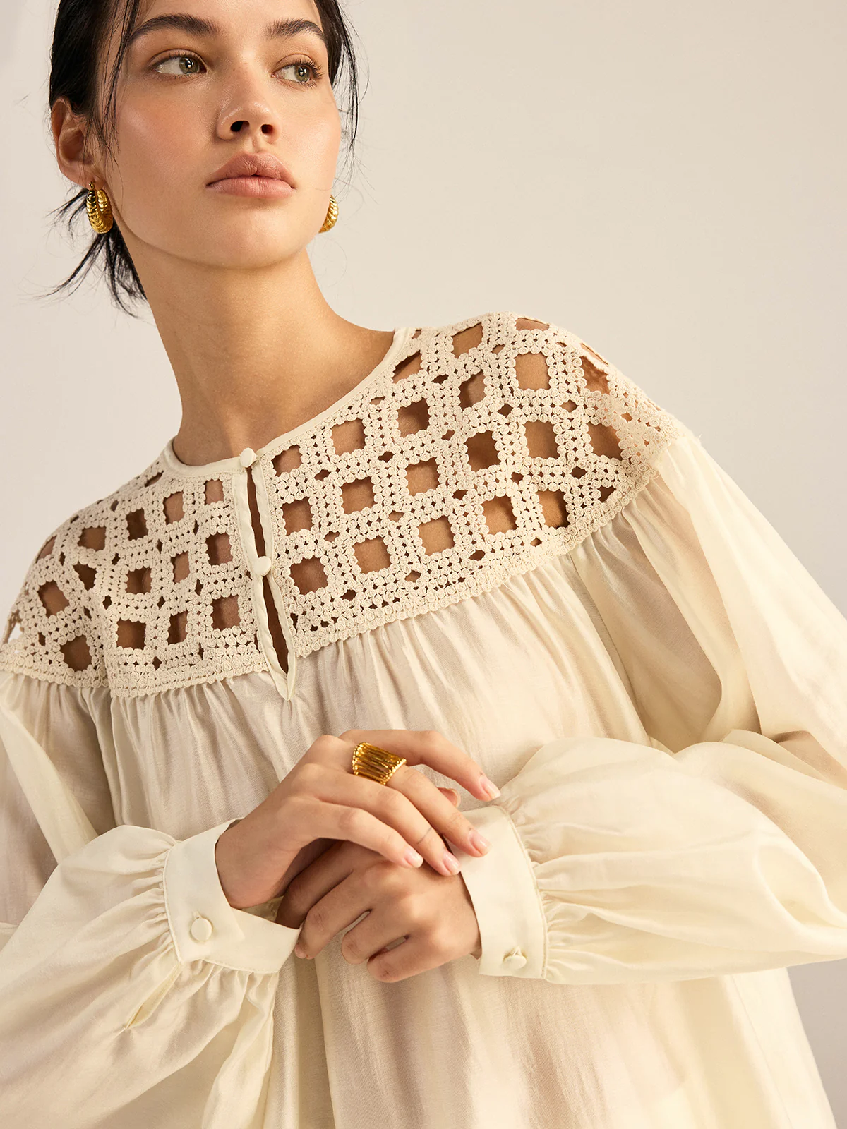 Semi-Sheer Crochet Tencel Blouse - Wholesalesil