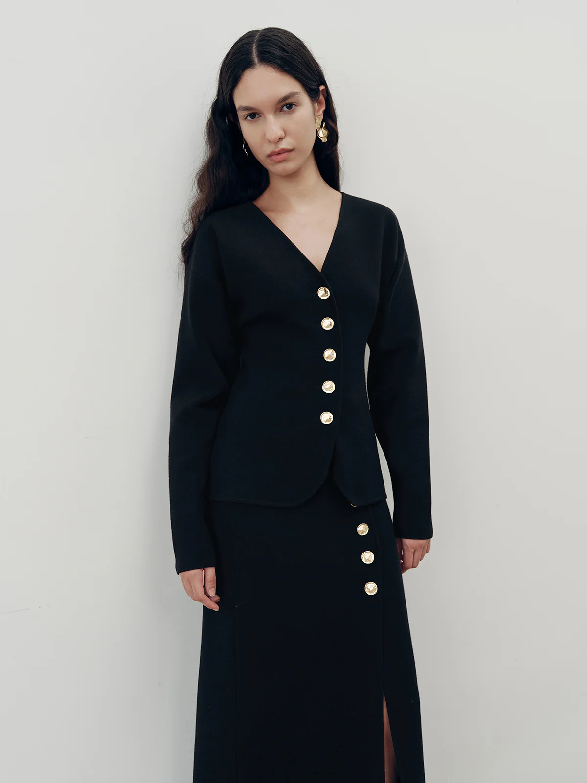 Metal Button V-Neck Cardigan - Wholesalesil