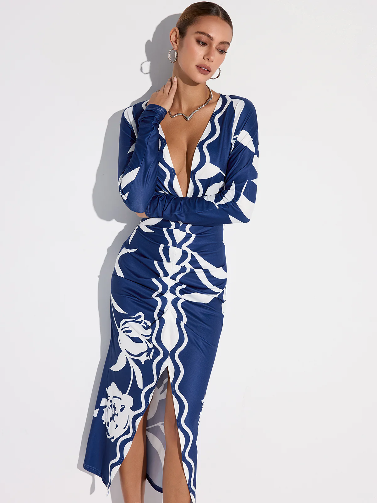 Printed Plunge Neck Slit Midi Dress - Wholesalesil