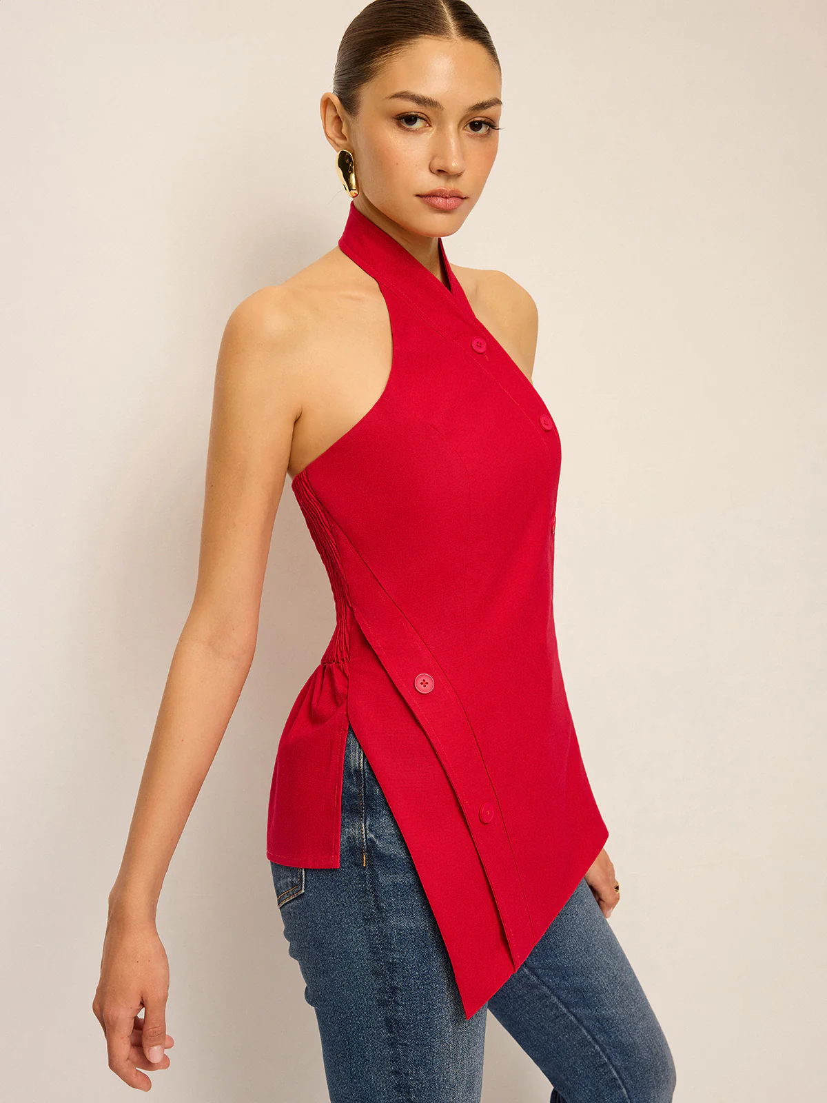 Asymmetric Halter Neck Button Top - Wholesalesil