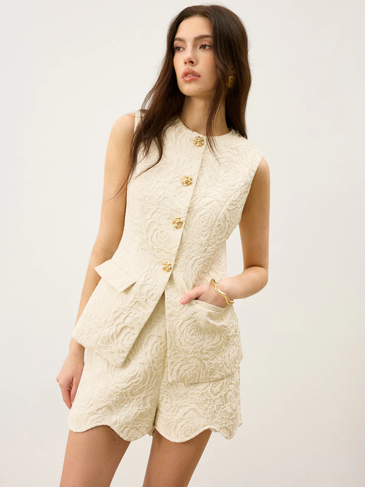 Textured Jacquard Vest with Metal Button - Wholesalesil