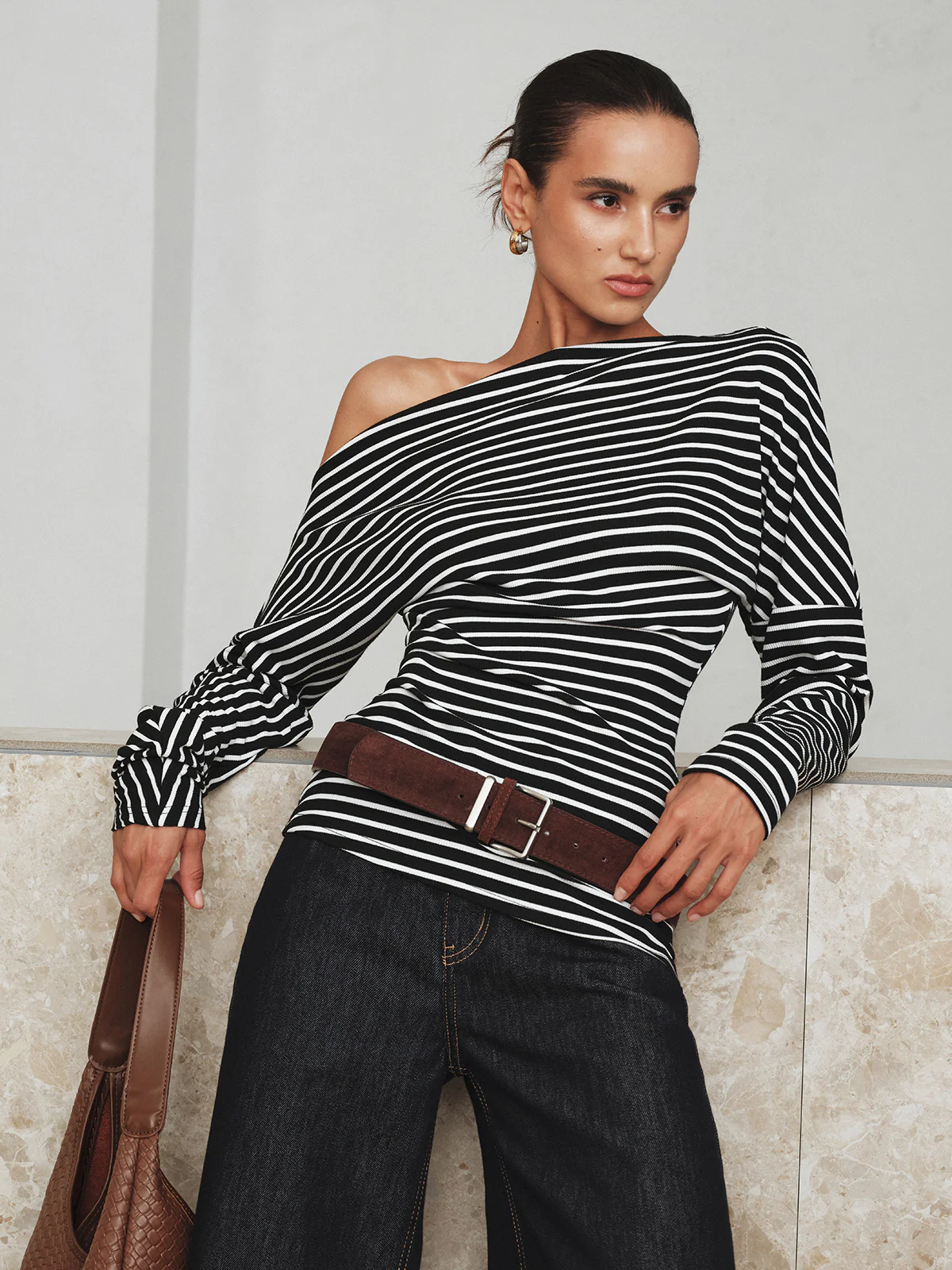 Striped Asymmetric One-Shoulder T-Shirt - Wholesalesil