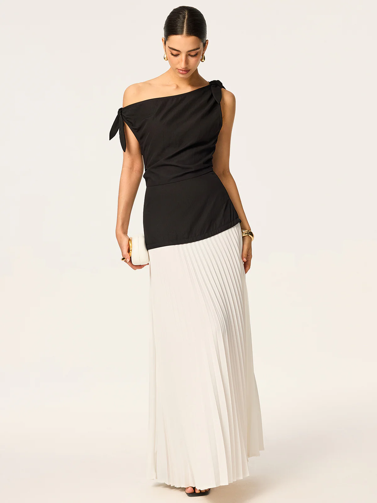 Asymmetric Pleated Maxi Dress with Bow Detail - Wholesalesil