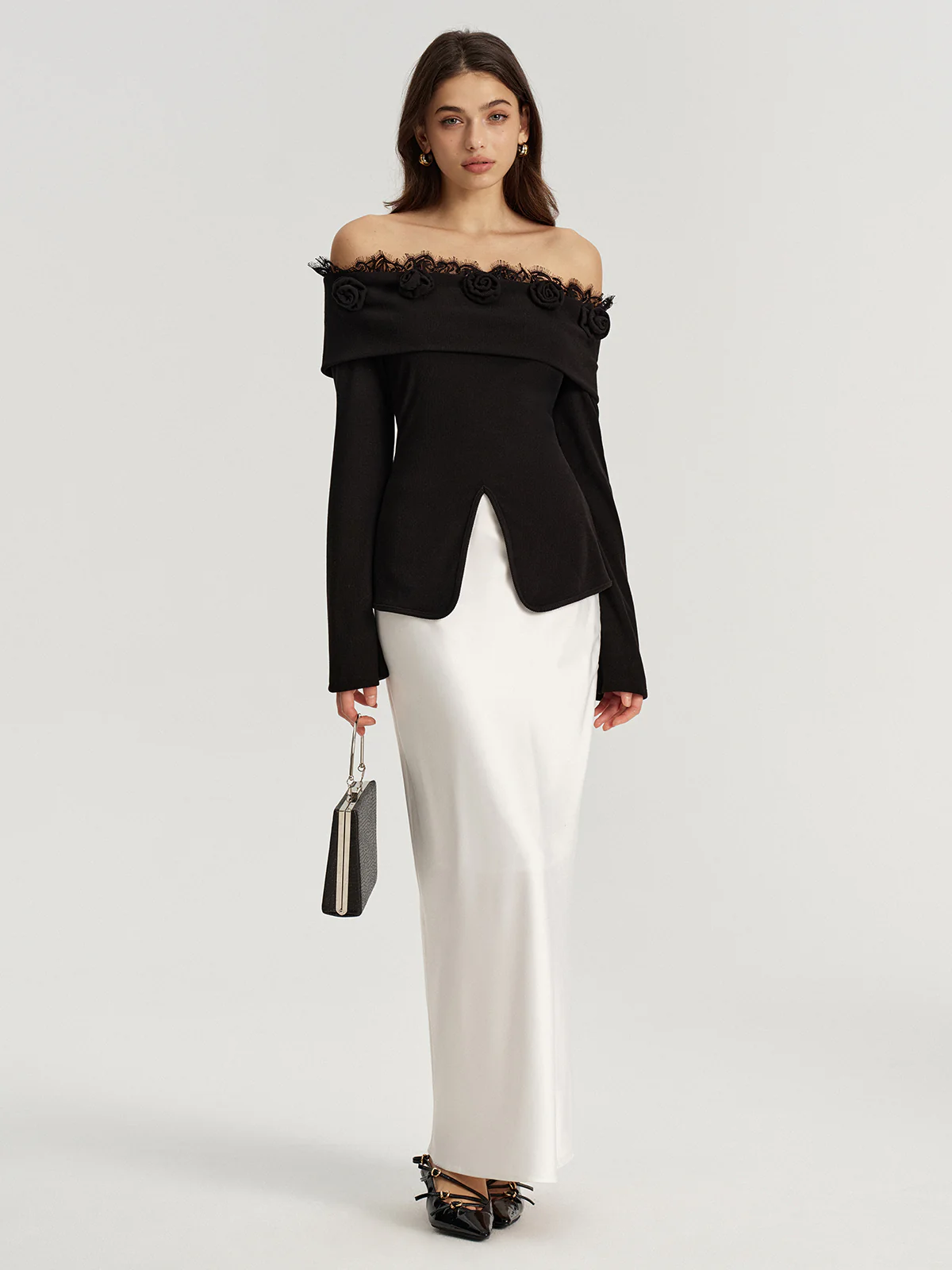 3D Rose Lace Trim Off-Shoulder Top - Wholesalesil