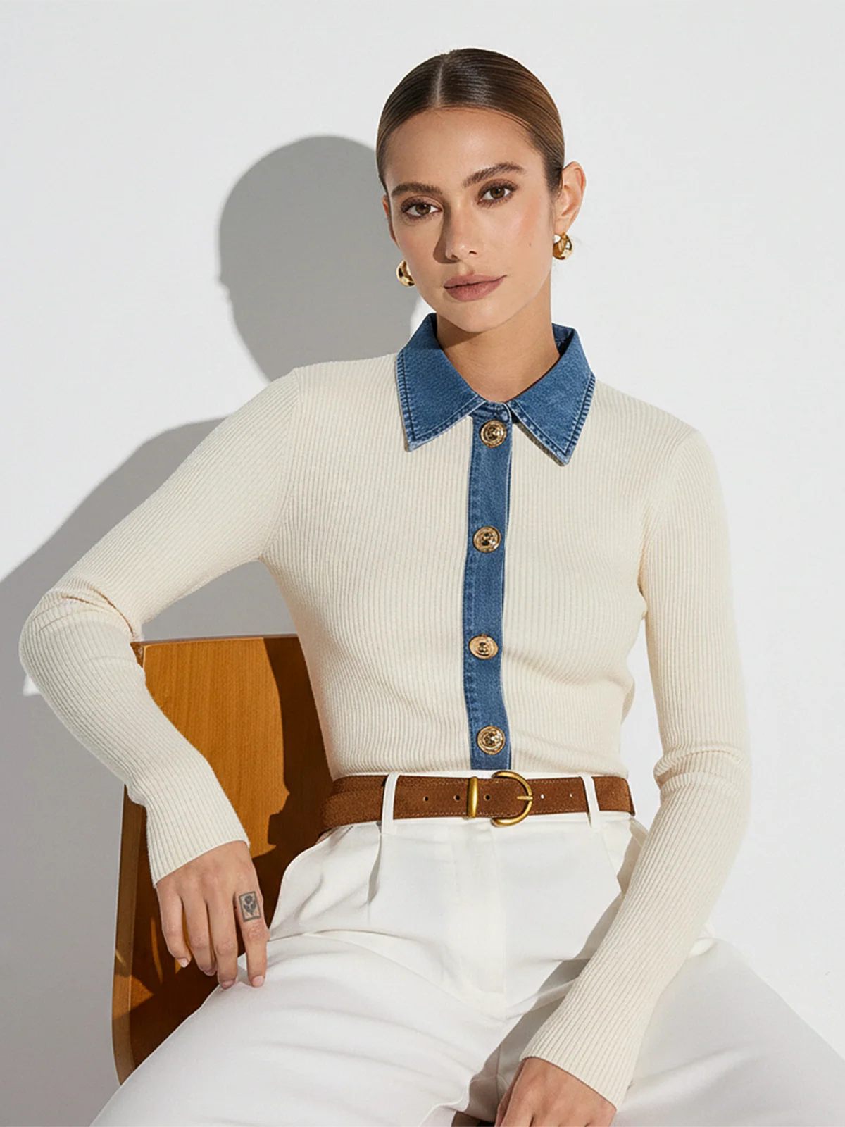 Wool Blend Denim Collar Metal Button Cardigan - Wholesalesil