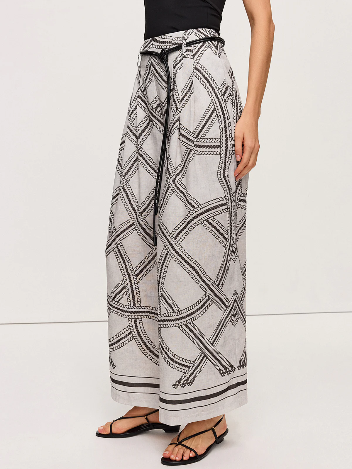 Geometric Print Belted Wide-Leg Pants - Wholesalesil
