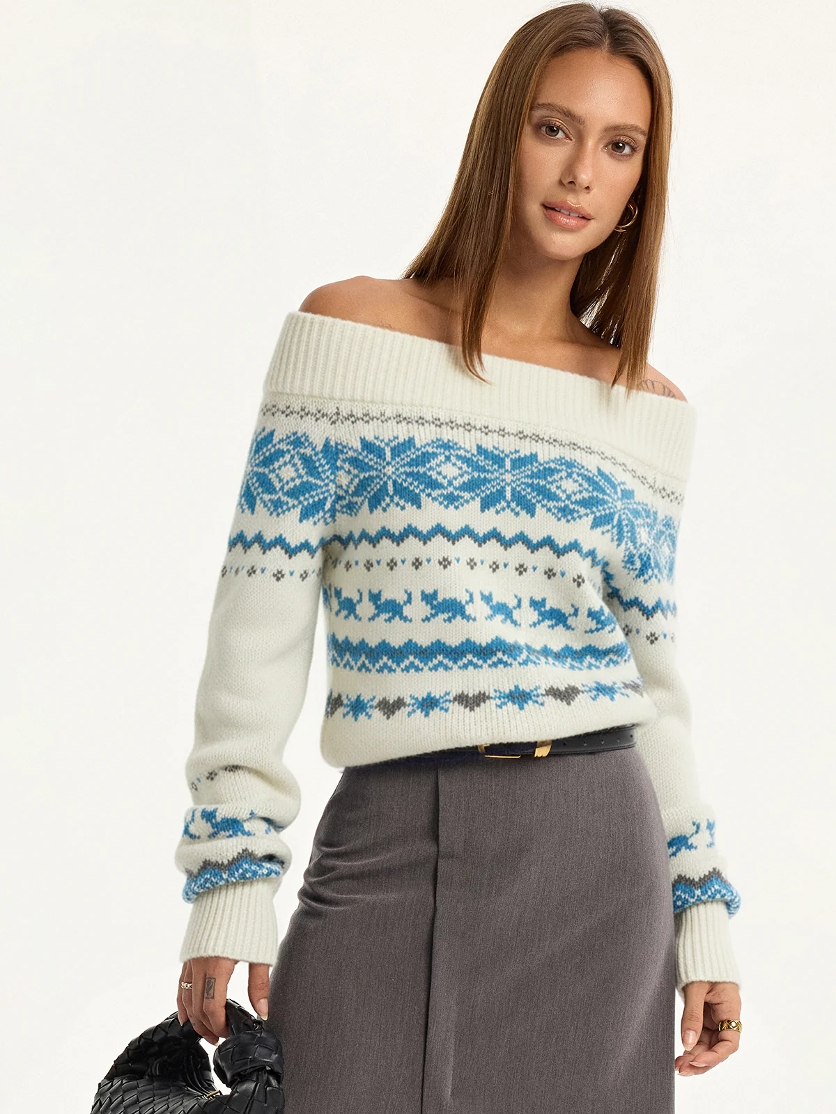 Off-Shoulder Fair Isle Sweater - Wholesalesil