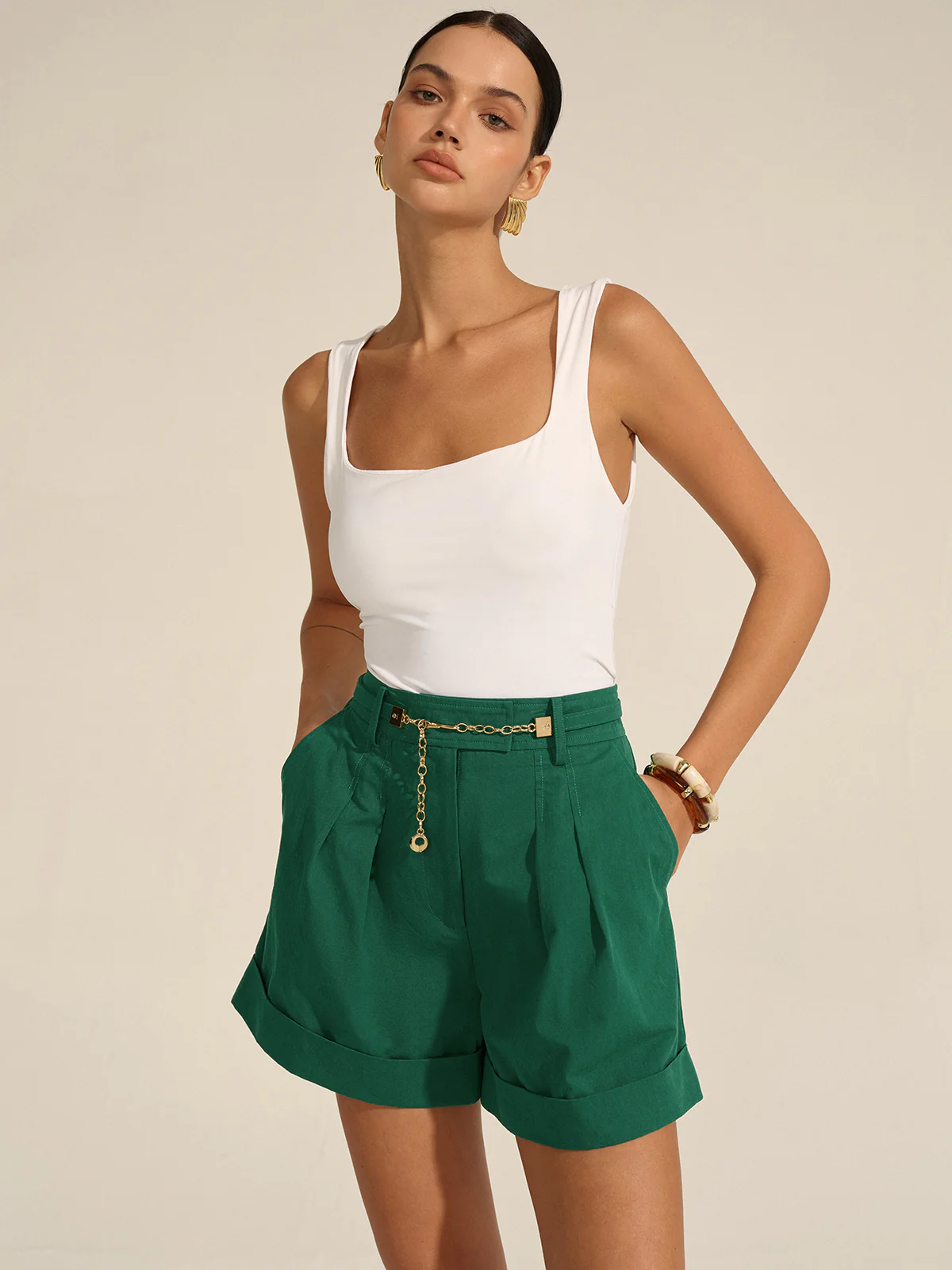 Pleated Cuffed Shorts with Gold Chain Detail - Wholesalesil