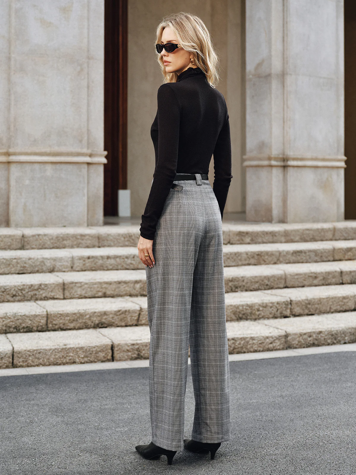 Pleated Plaid Belted Wide-Leg Pants - Wholesalesil