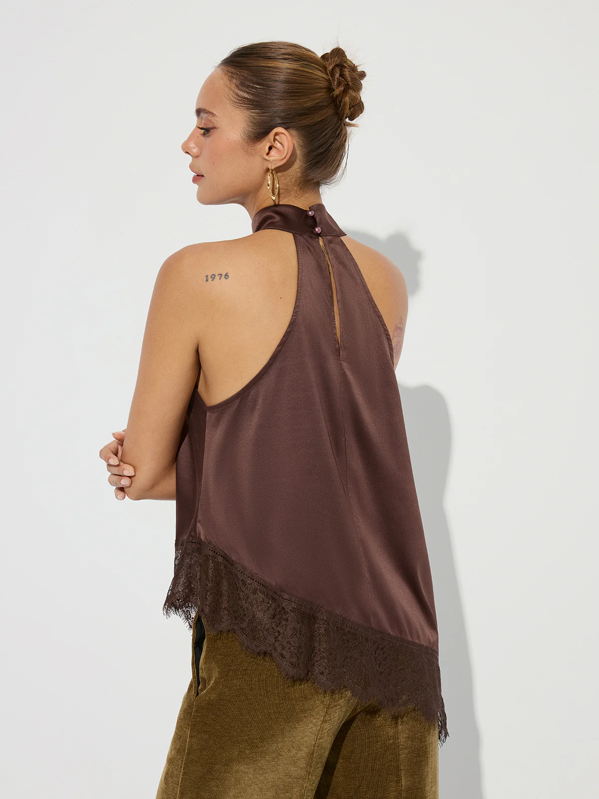 Asymmetric Lace Hem Satin Halter Top - Wholesalesil