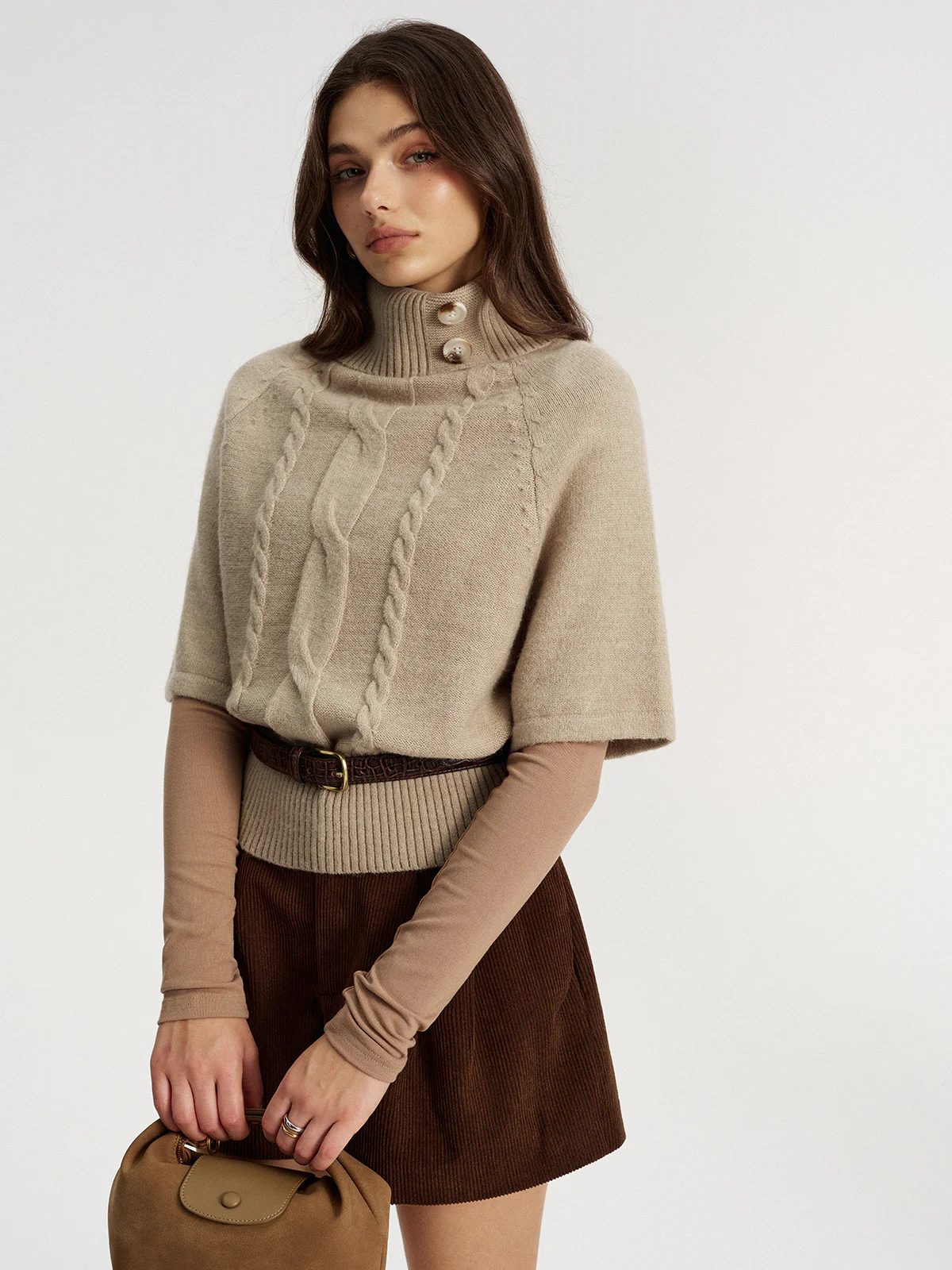 Turtleneck Cable Knit Short Sleeve Sweater without Belt - Wholesalesil