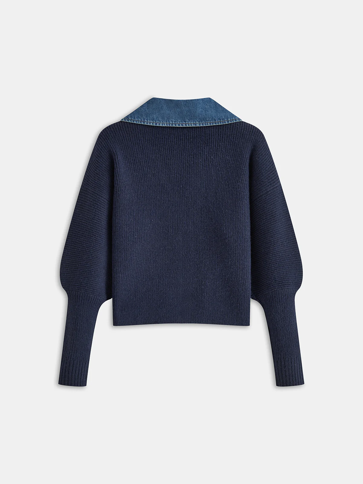 Leg-Of-Mutton Sleeve Denim Panel Knit Cardigan - Wholesalesil