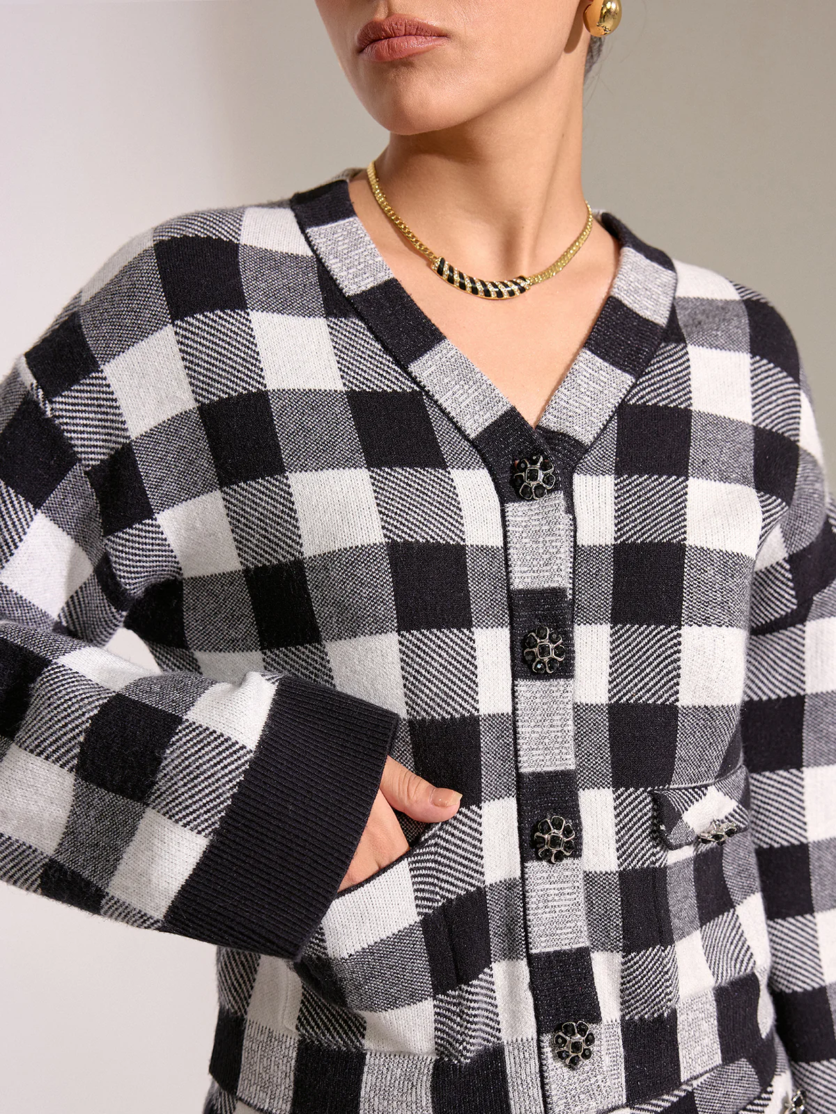 Checkered Wool Blend Button Cardigan - Wholesalesil