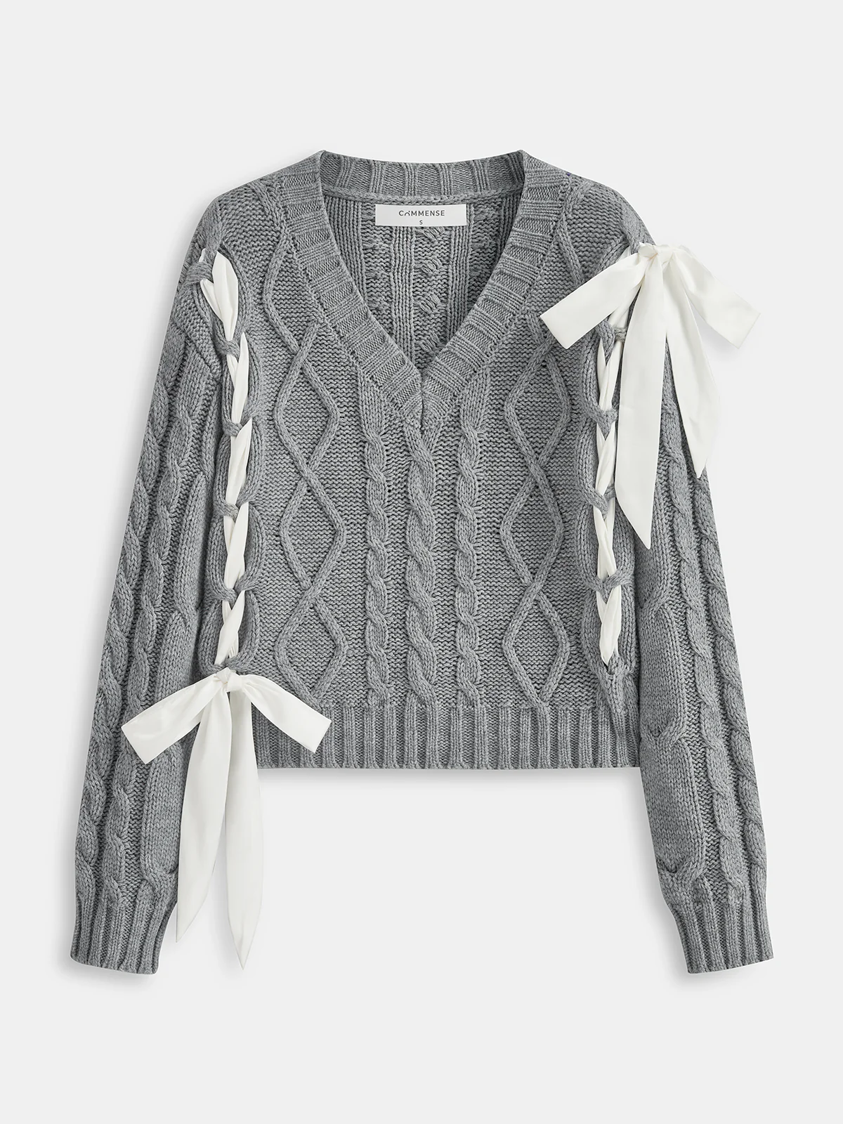 V-Neck Cable-Knit Bow Sweater - Wholesalesil