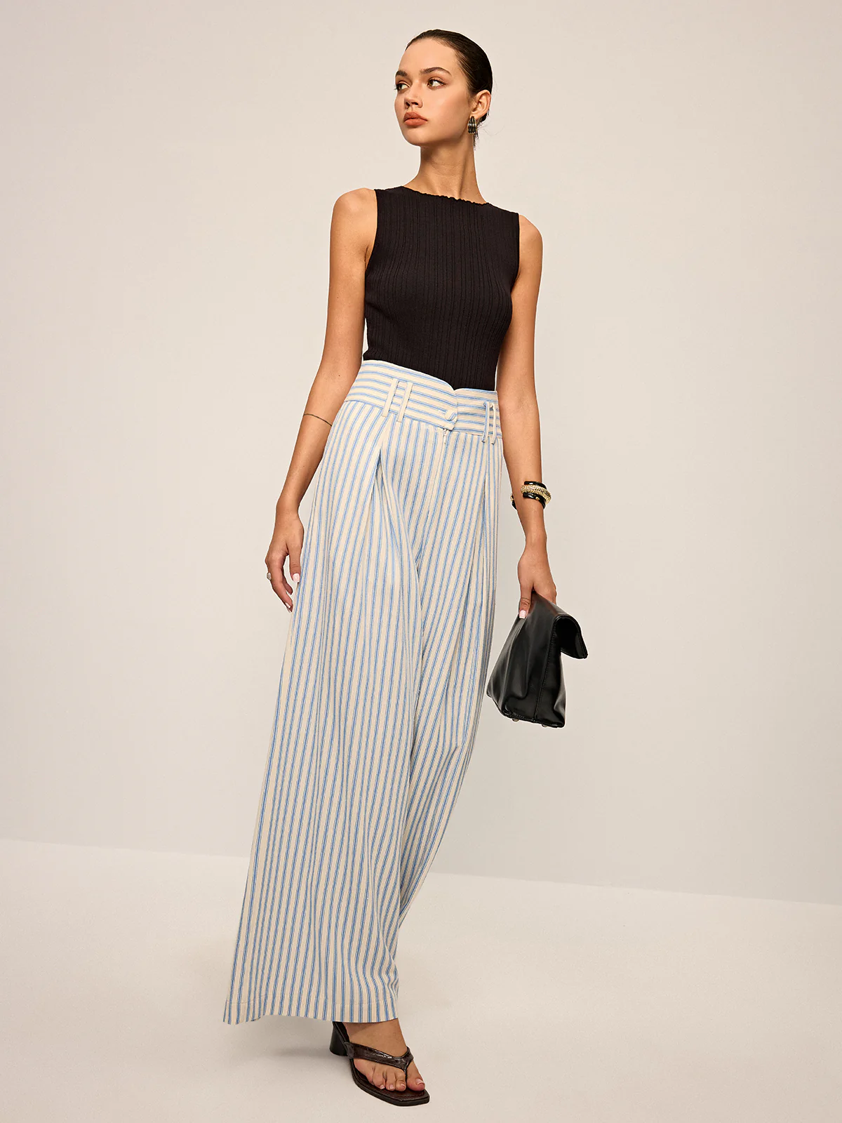 Cotton Striped Pleated Wide-Leg Pants - Wholesalesil