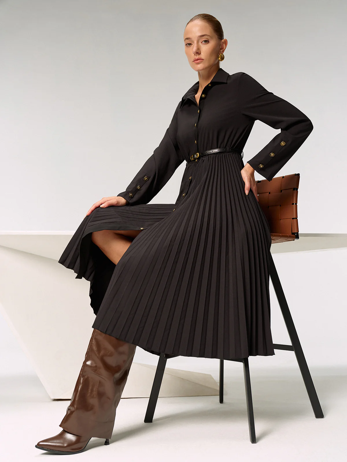 Metal Button Belted Pleated Shirt Dress - Wholesalesil