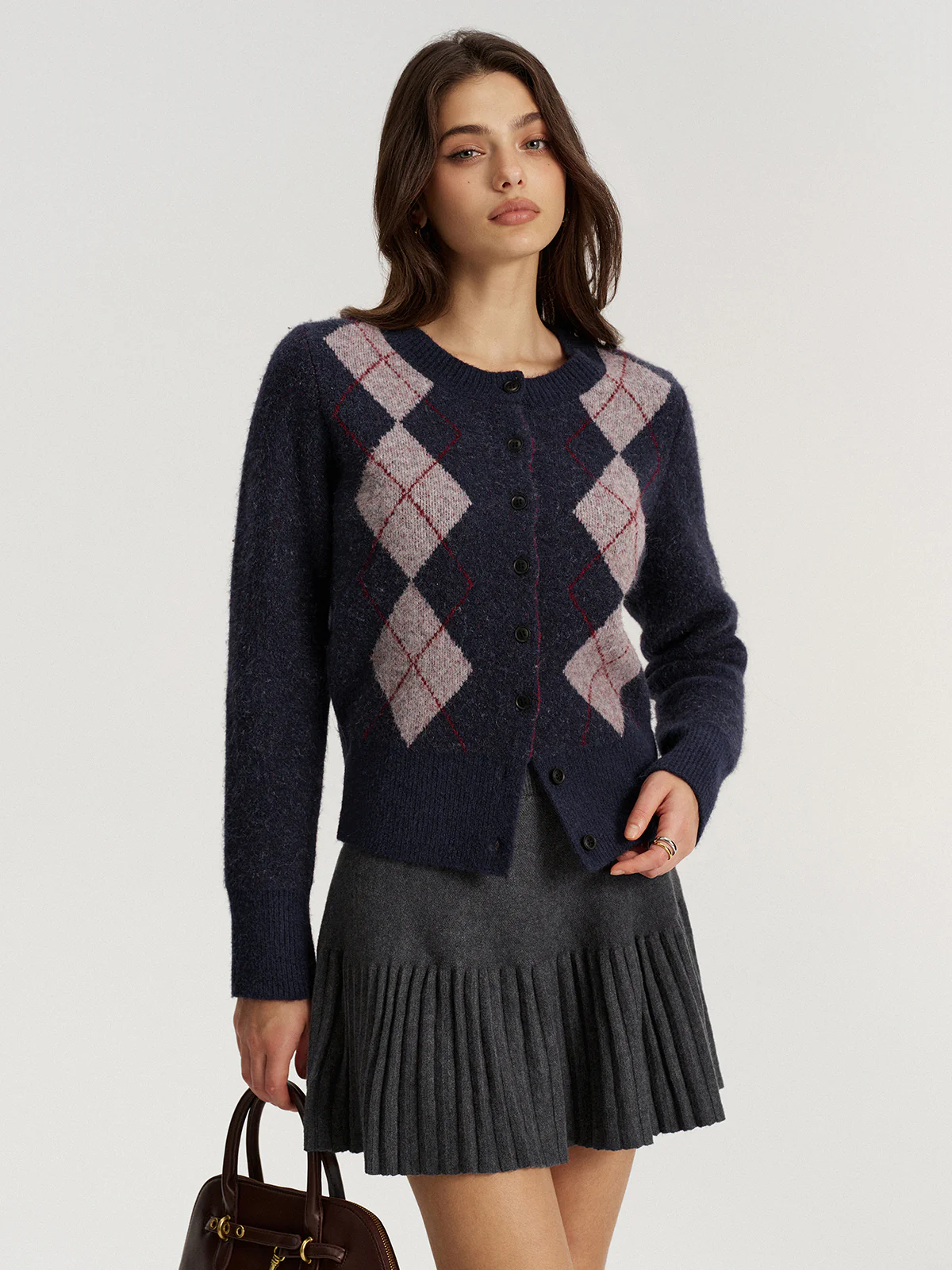 Argyle Jacquard Wool Blend Cardigan - Wholesalesil