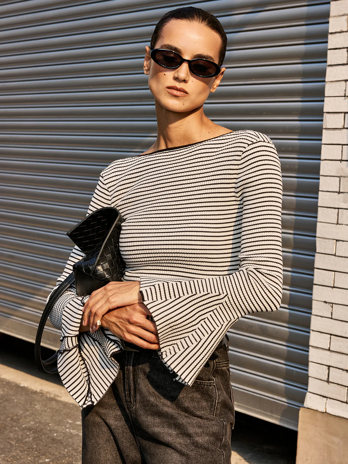 Flared Cuff Backless Striped Bodysuit - Wholesalesil