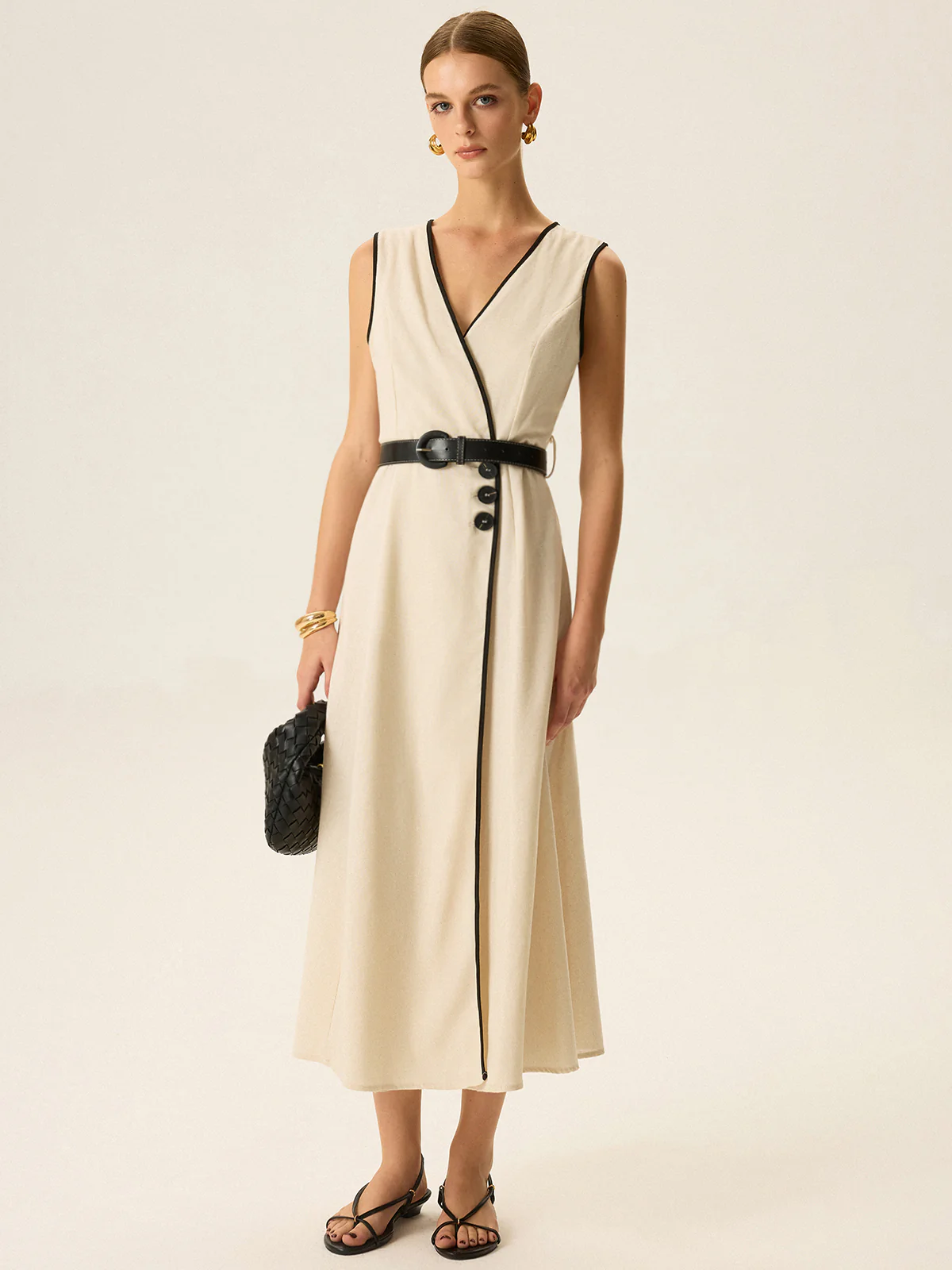 Contrast Trim Belted Midi Dress - Wholesalesil
