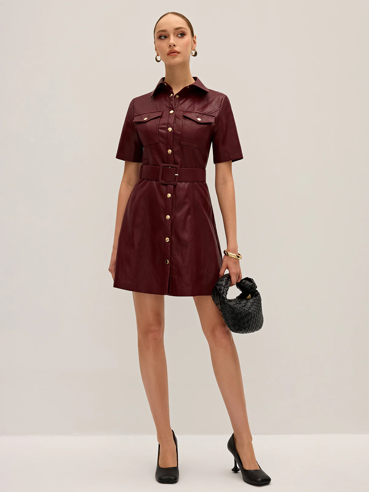 Shirt Collar Belted PU Leather Mini Dress - Wholesalesil