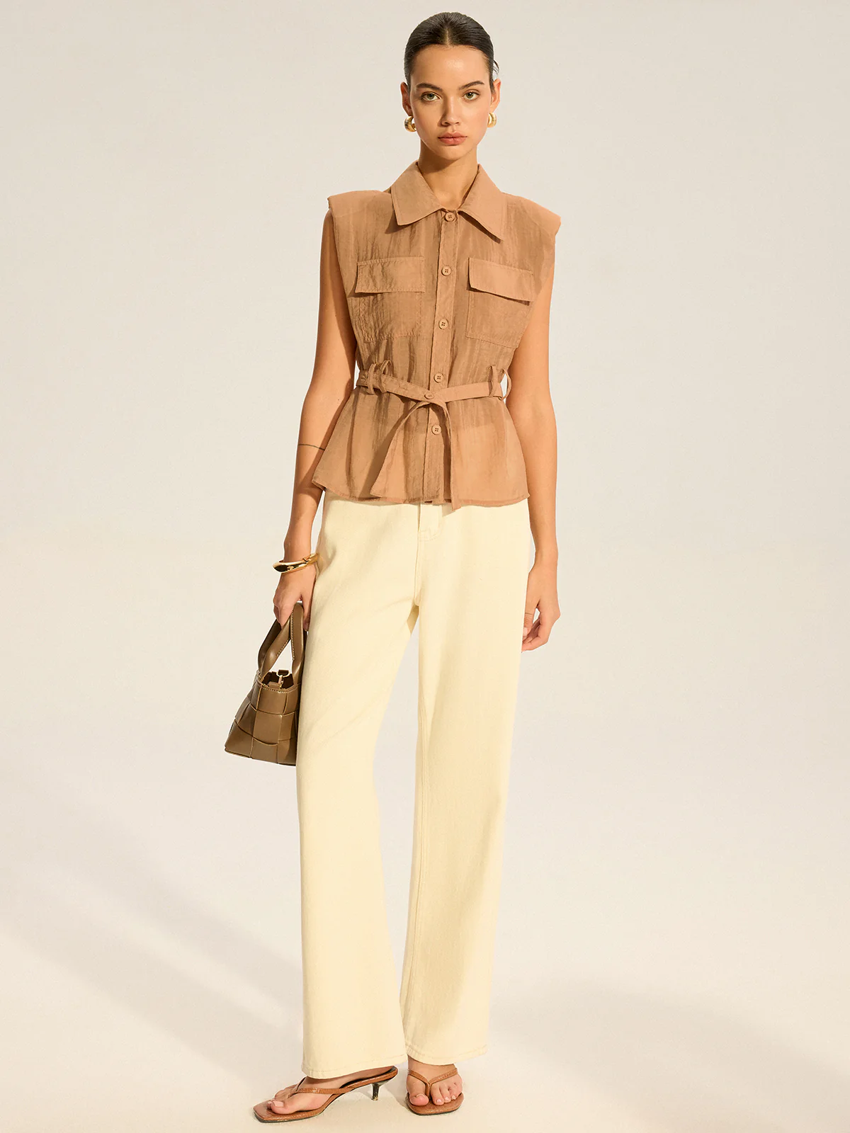 Belted Sleeveless Blouse - Wholesalesil