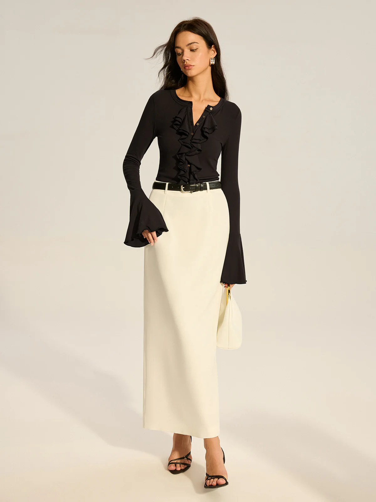 Flared Sleeve Ruffled Button T-Shirt - Wholesalesil