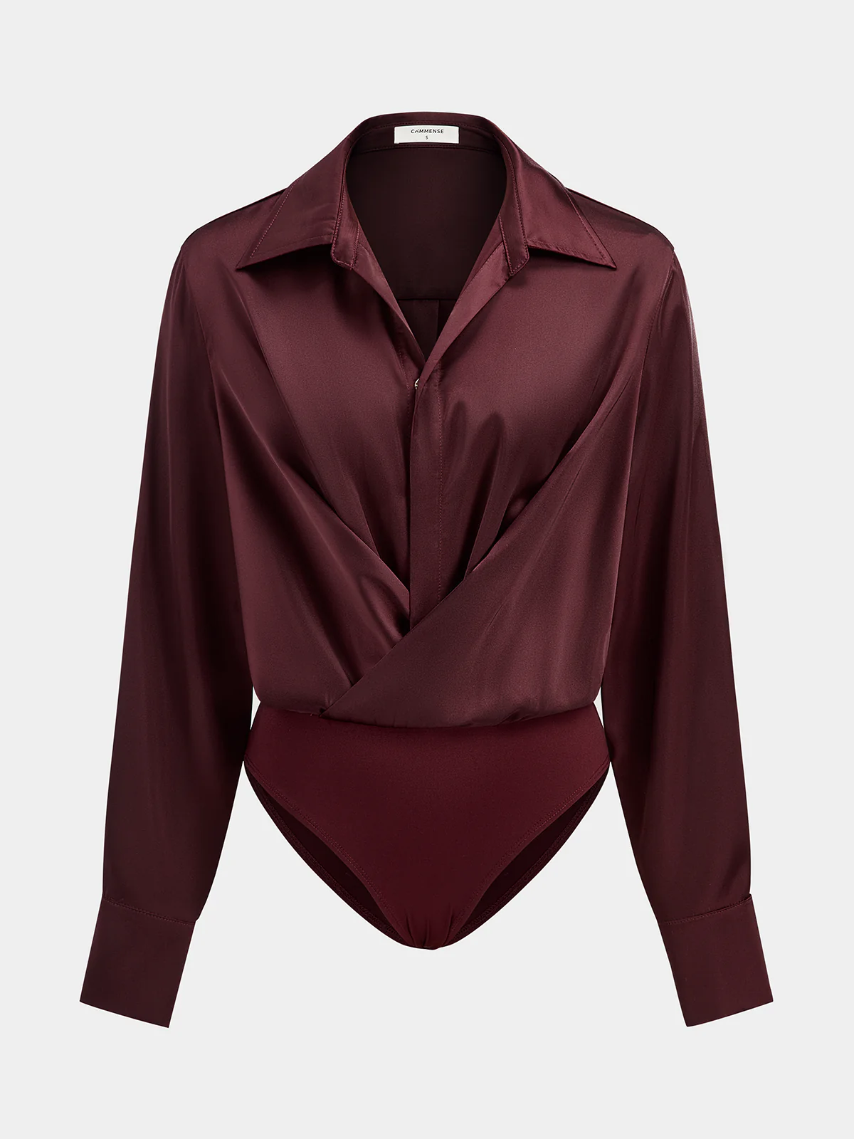 Collared Draped Satin Long Sleeve Bodysuit - Wholesalesil