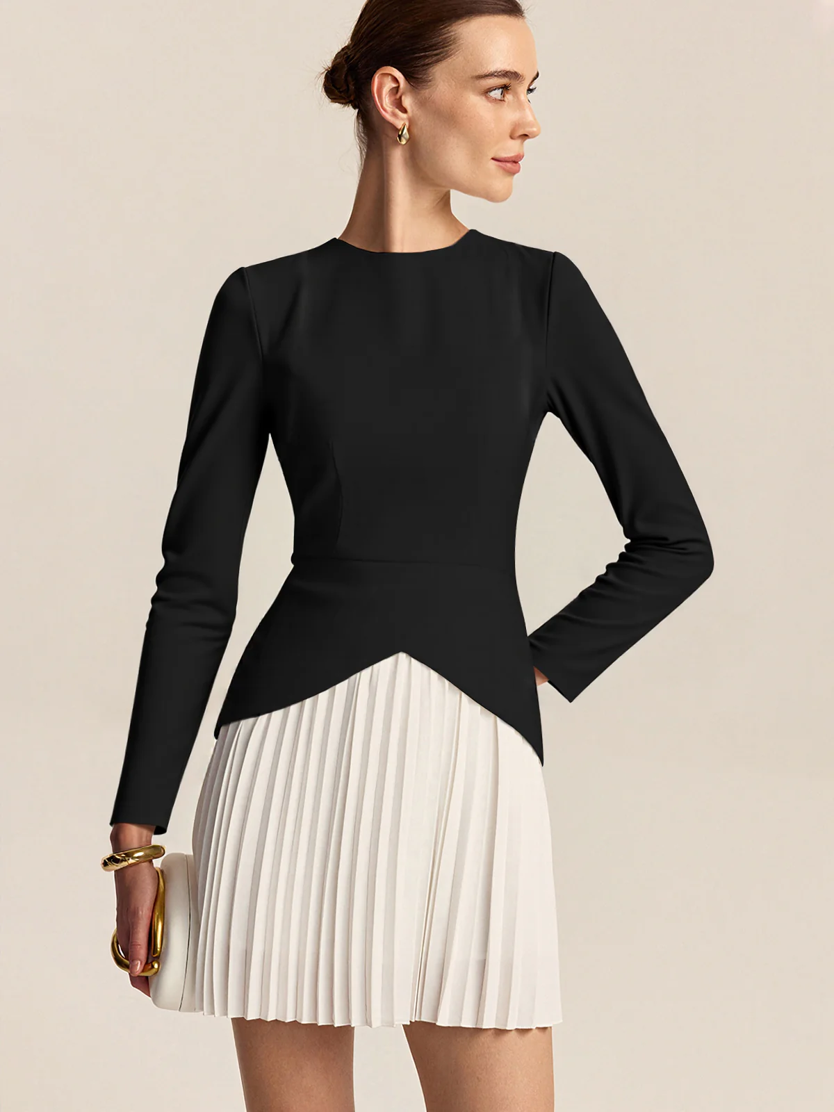 Long Sleeve Color-Block Pleated Dress - Wholesalesil