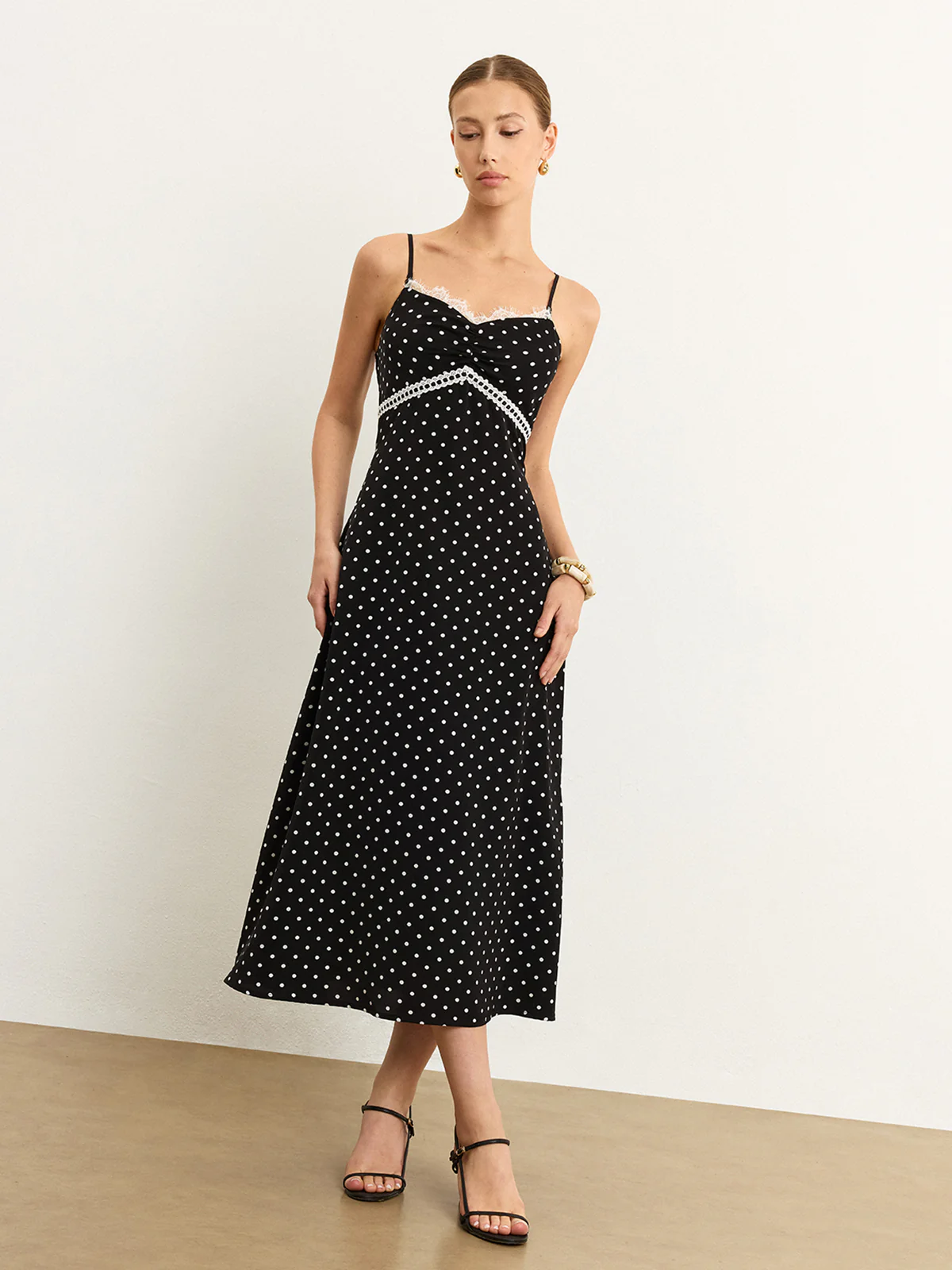 Polka Dot Lace Trim Midi Dress - Wholesalesil