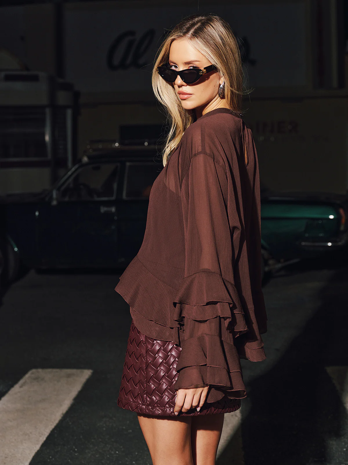 Tiered Ruffle Semi-Sheer Chiffon Blouse - Wholesalesil