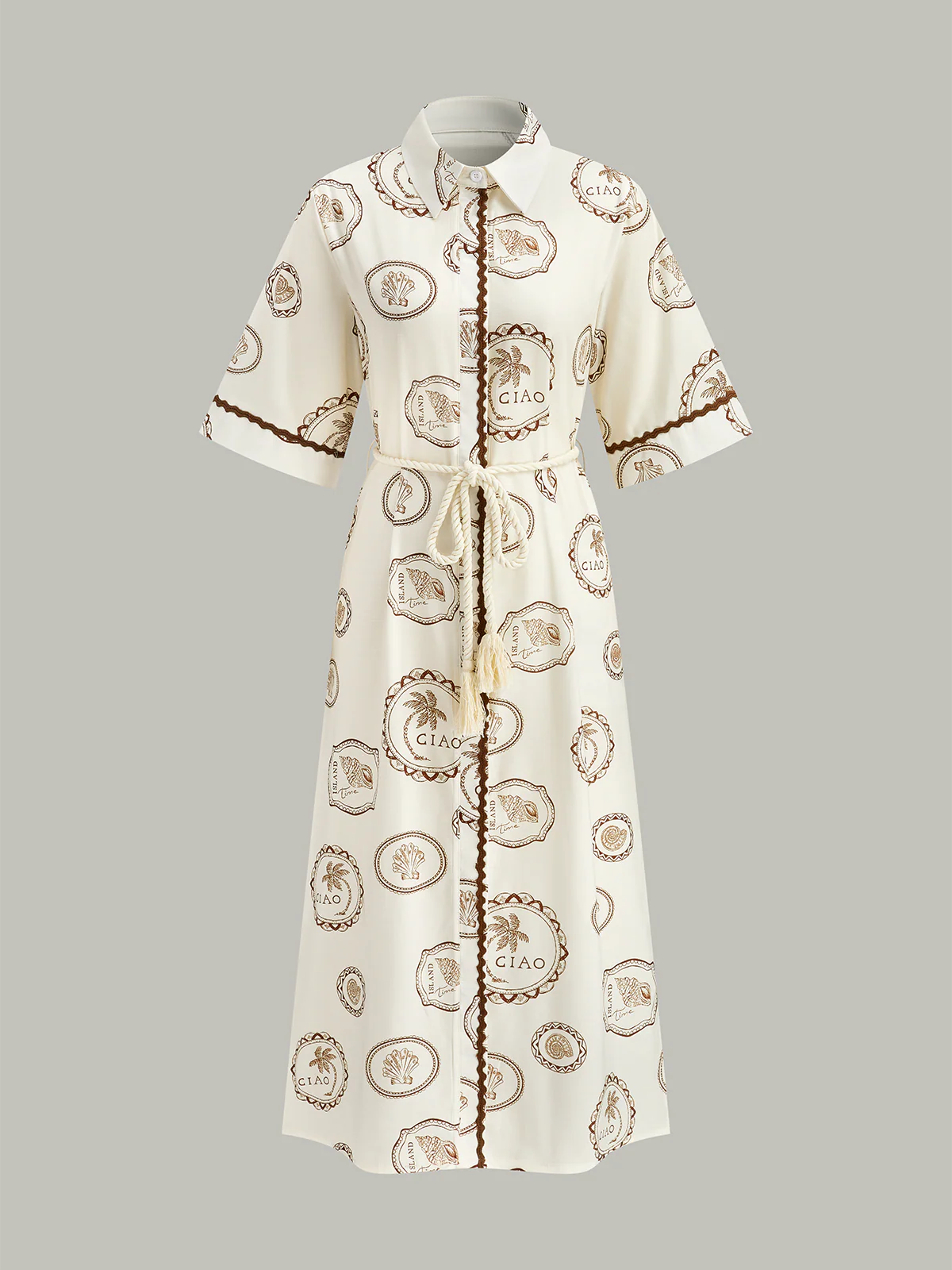 Printed Shirt Dress with Rope Tie Belt - Wholesalesil
