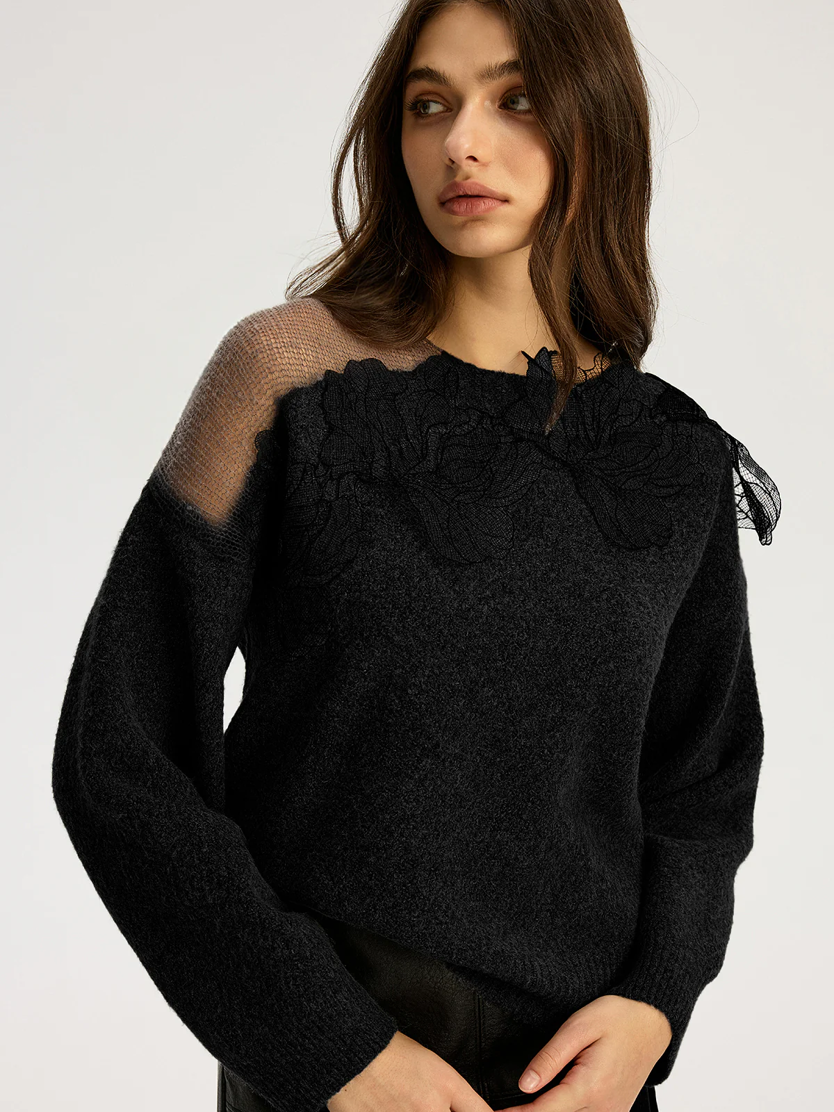 Floral lace Sweater Semi Sheer Round Neck Sweater - Wholesalesil