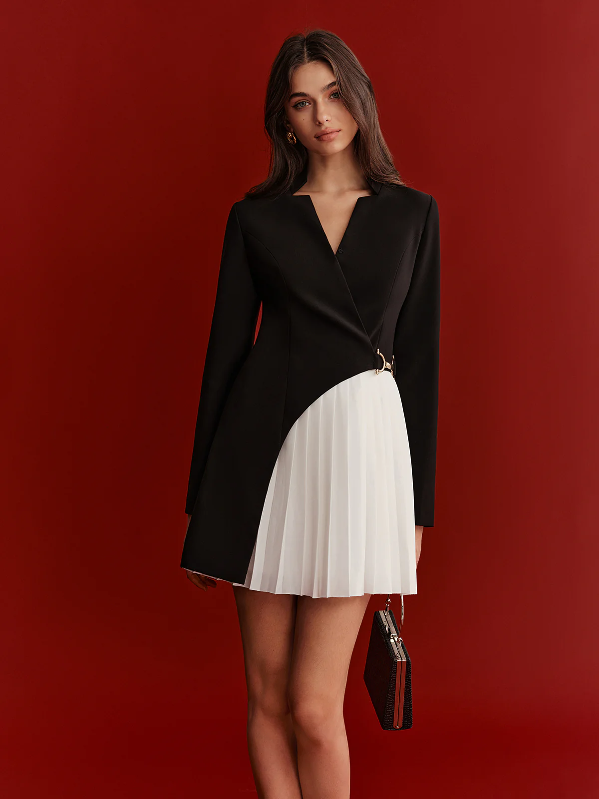 Metal Detail Asymmetric Pleated Panel Mini Dress - Wholesalesil