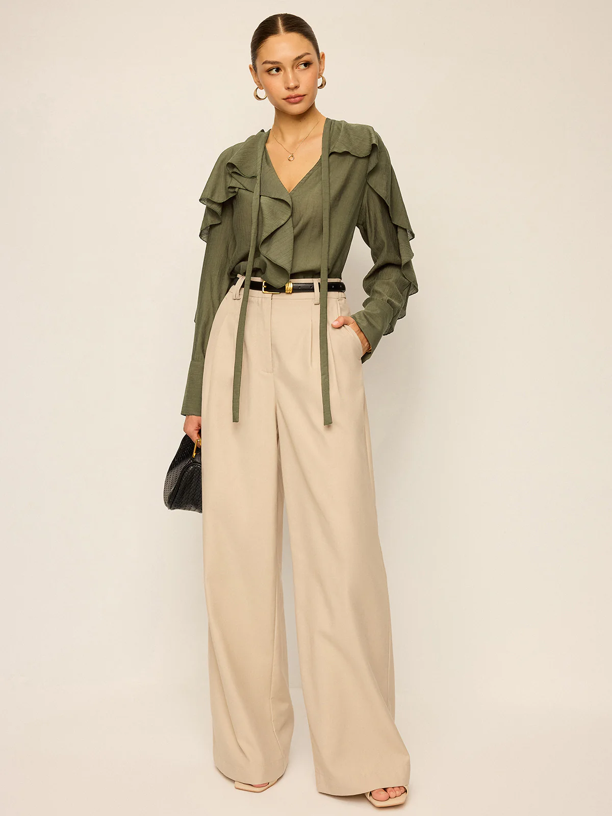 Neckline Tie Ruffled Blouse - Wholesalesil