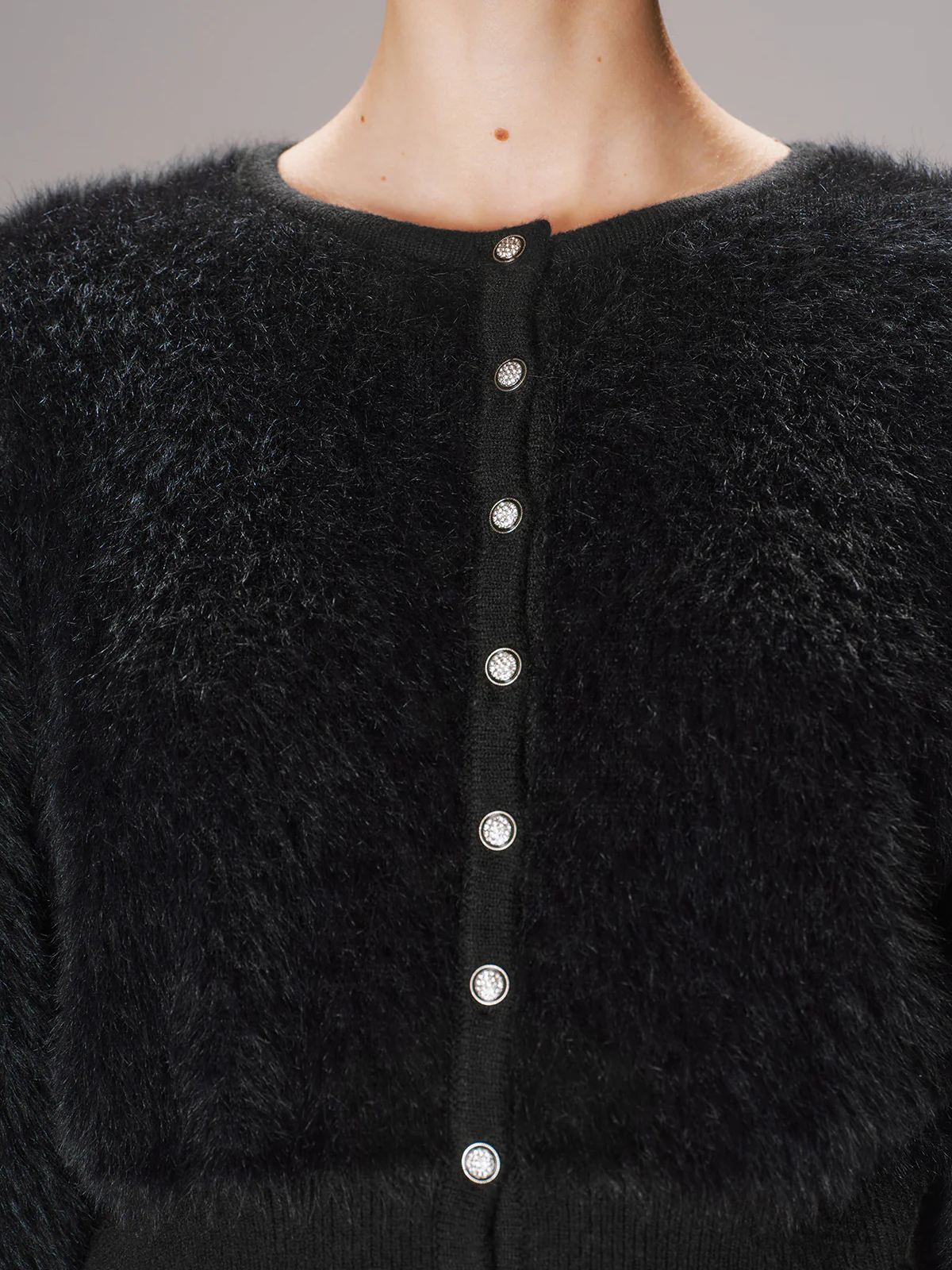 Button-Front Faux Mink Cropped Cardigan - Wholesalesil