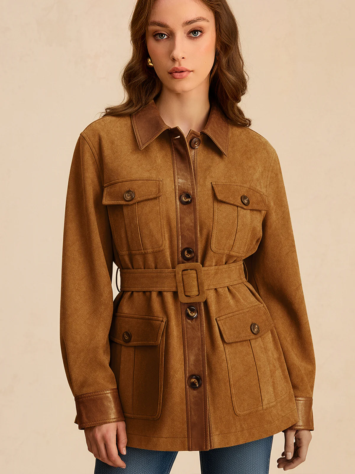 Faux Leather Panel Belted Suede Effect Jacket - Wholesalesil