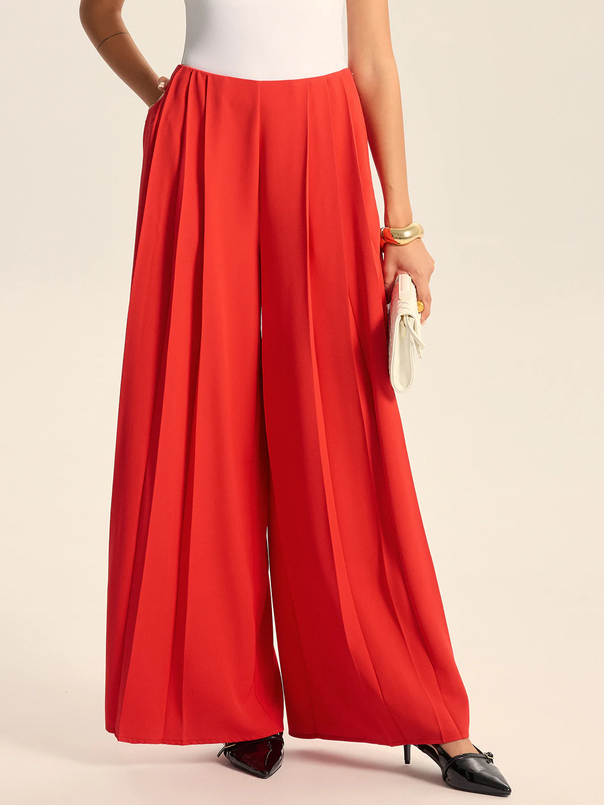 Mid-Waist Pleated Wide-Leg Pants - Wholesalesil