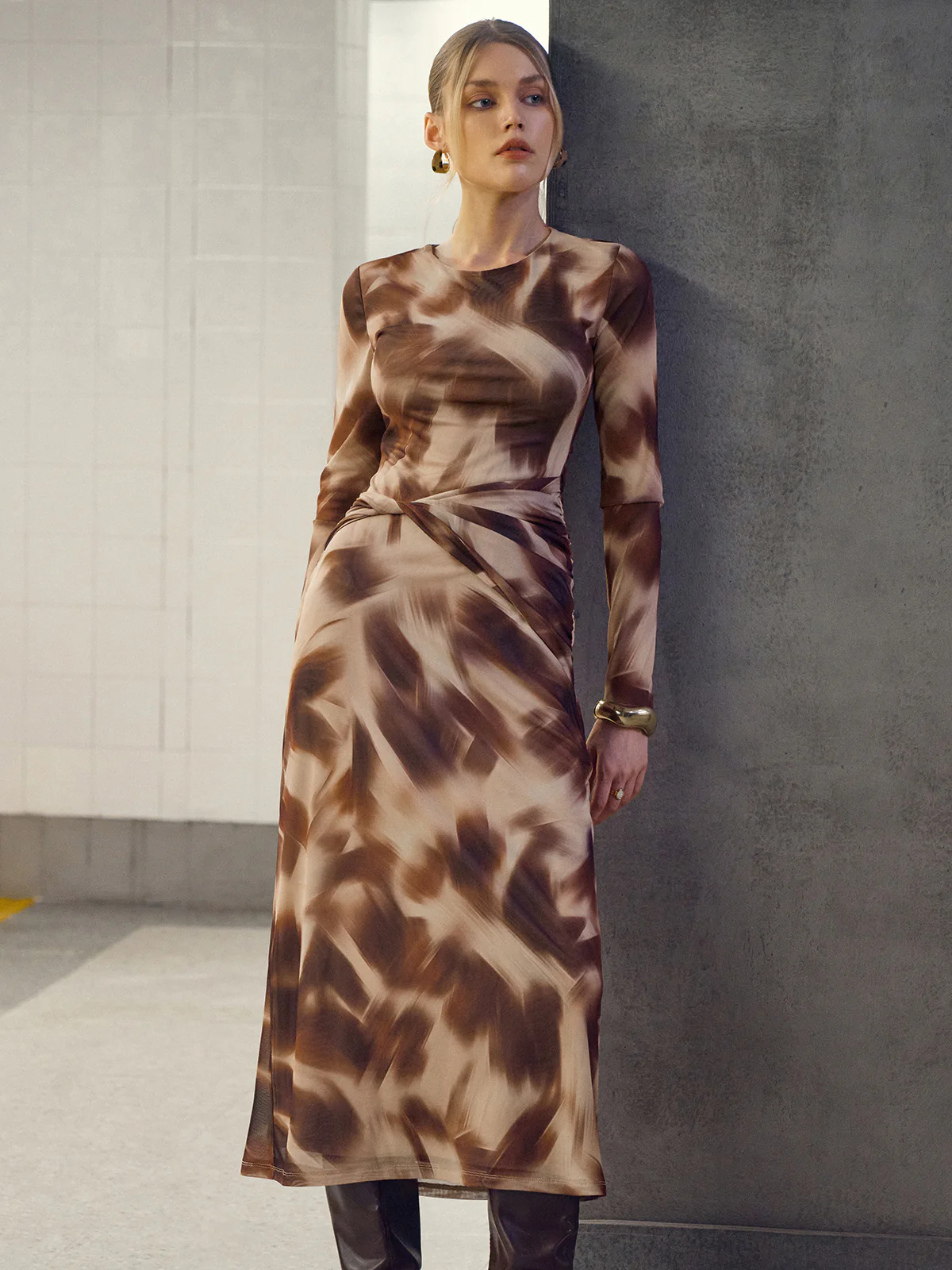 Abstract Print Twisted Mesh Midi Dress - Wholesalesil