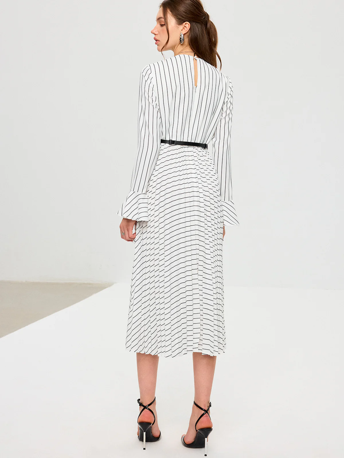 Striped Long Sleeve Belted Midi Dress - Wholesalesil