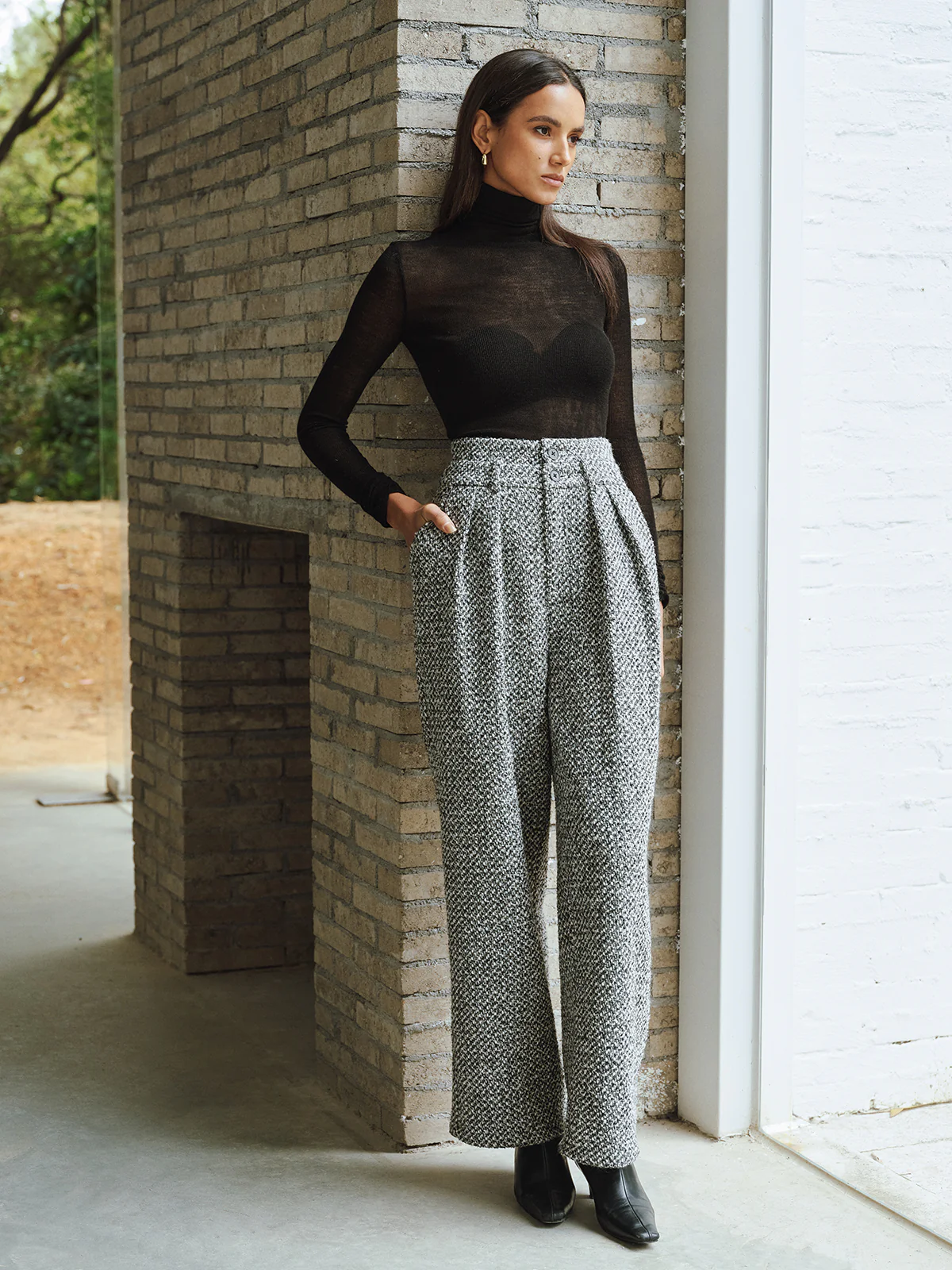 Wool Blend Double Waistband Tweed Pants - Wholesalesil
