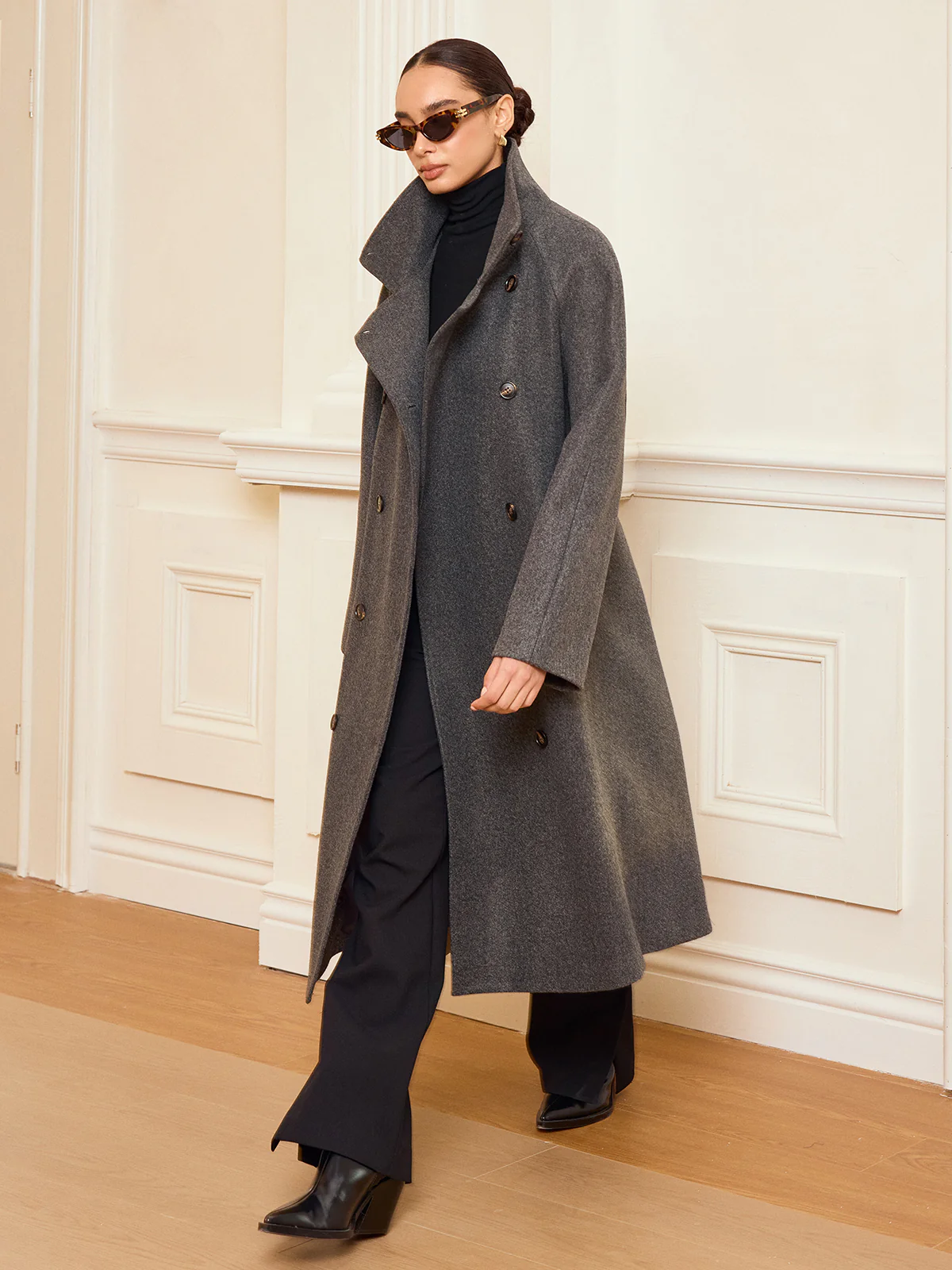 Belted Double-Breasted Tweed Long Coat - Wholesalesil