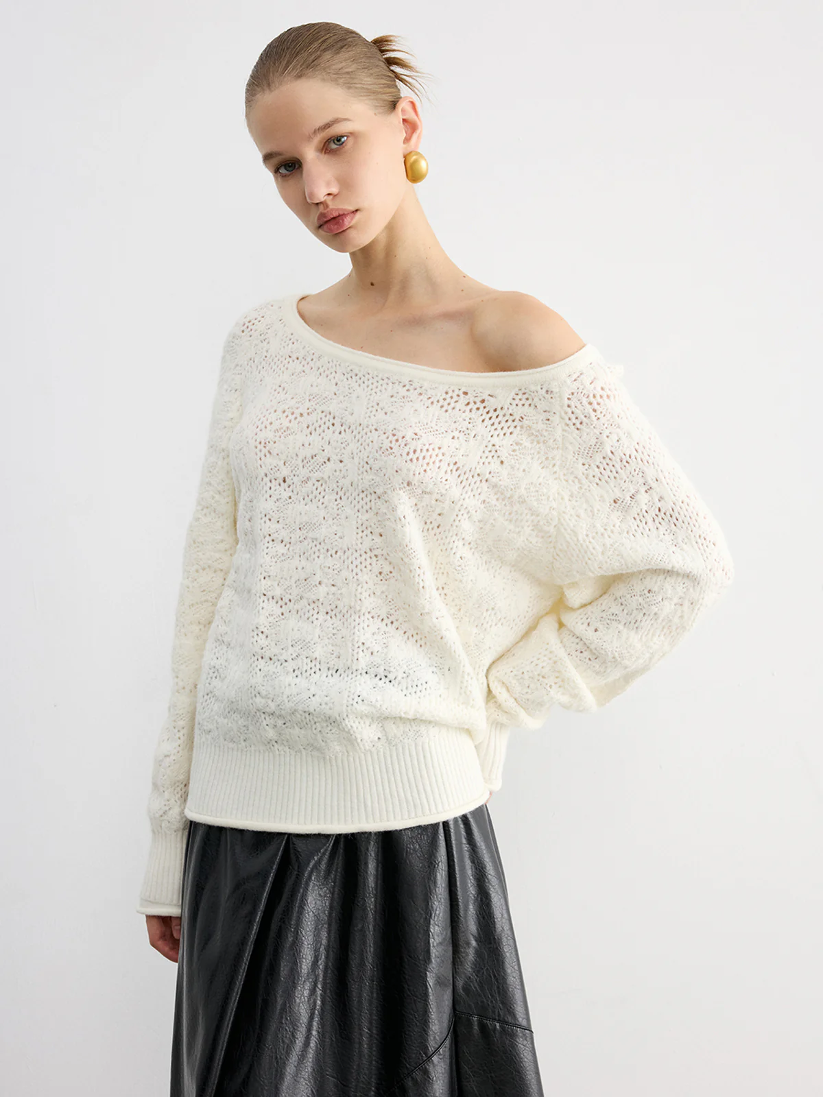 Off-Shoulder Open-Knit Sweater - Wholesalesil