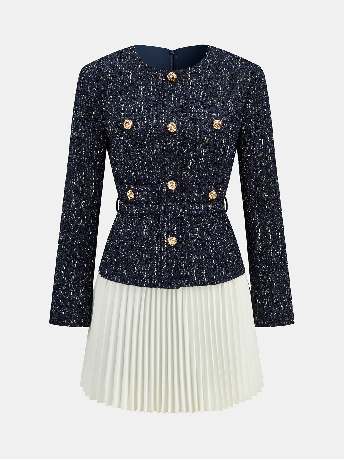 Pleated Hem Panel Tweed Belted Mini Dress - Wholesalesil