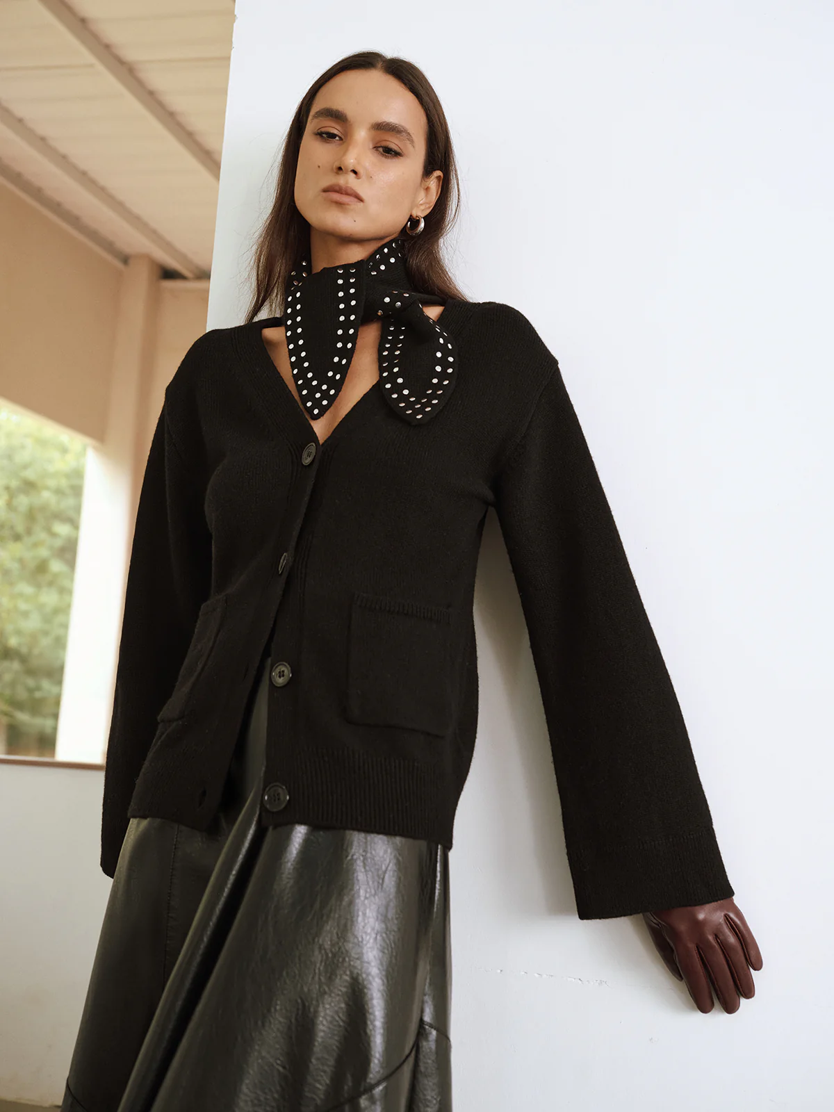 Wool Blend V-Neck Cardigan with Studded Scarf - Wholesalesil