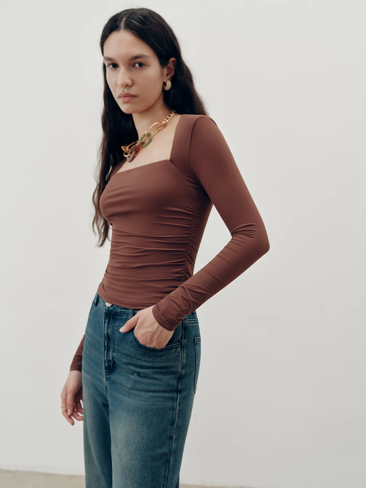 Square-Neck Ruched Long Sleeve Top - Wholesalesil